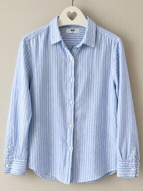 Uniqlo 100% Linen Blue White Striped Button-Up Shirt M